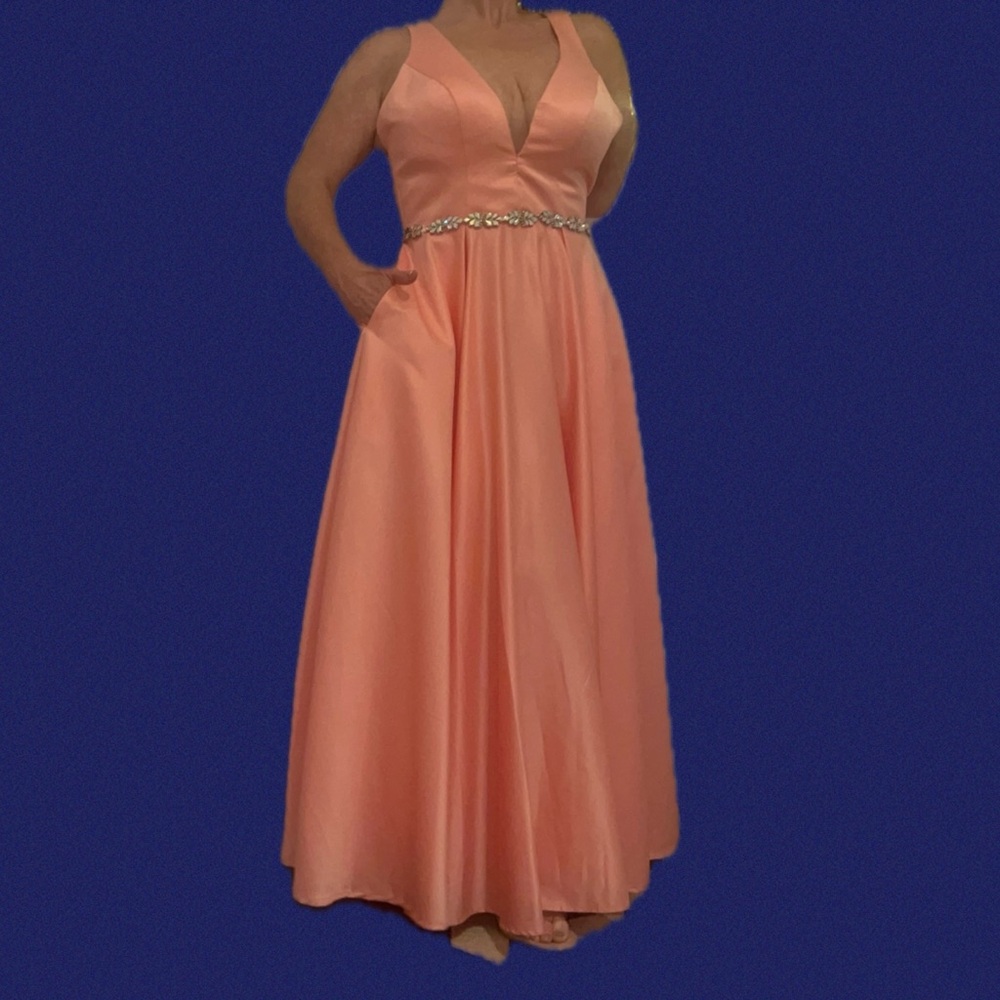 Mon Cheri Blush Pink Prom Dress with Embellished Waist